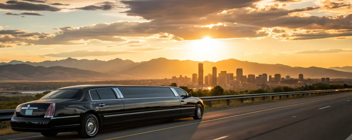 An affordable limo service in Denver, CO, with a black limo driving past the mountain skyline.