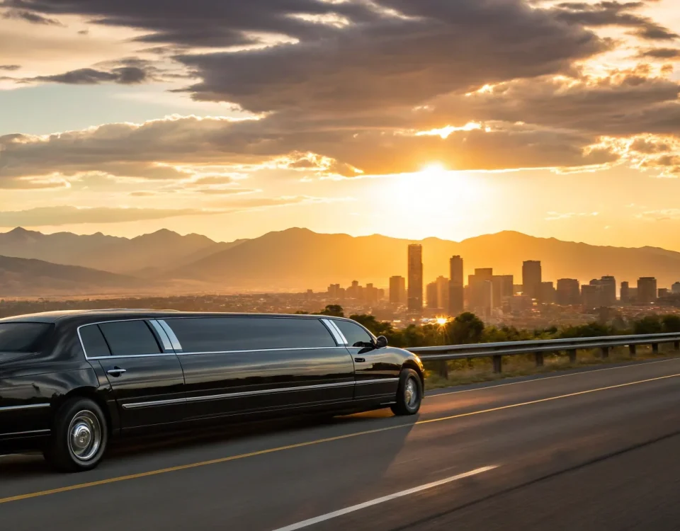 An affordable limo service in Denver, CO, with a black limo driving past the mountain skyline.