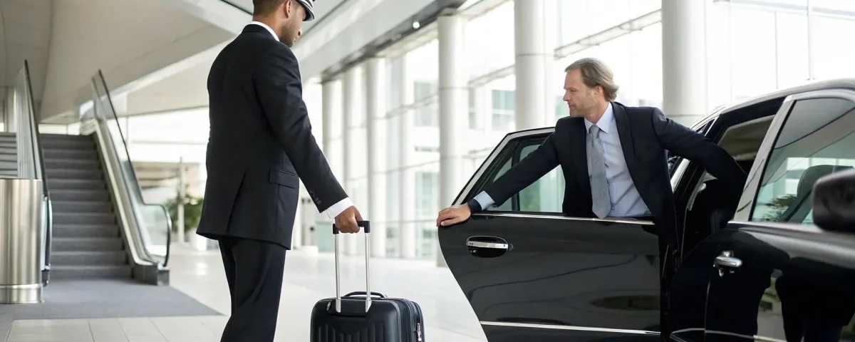 A professional chauffeur assists a client with luggage and the car door as part of proper etiquette.