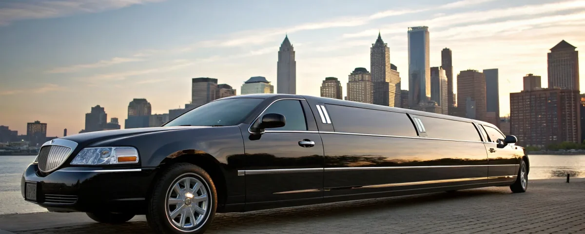Cheap limo rental service featuring a black stretch limo parked in front of a city skyline.