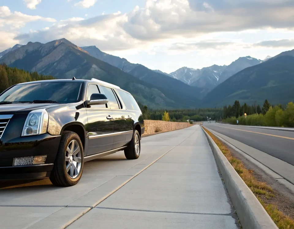 A luxury car on a mountain road for a private car service from Denver to Vail.