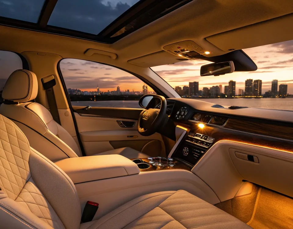 A view from inside a luxurious limo with a city skyline, a ride you can book online.