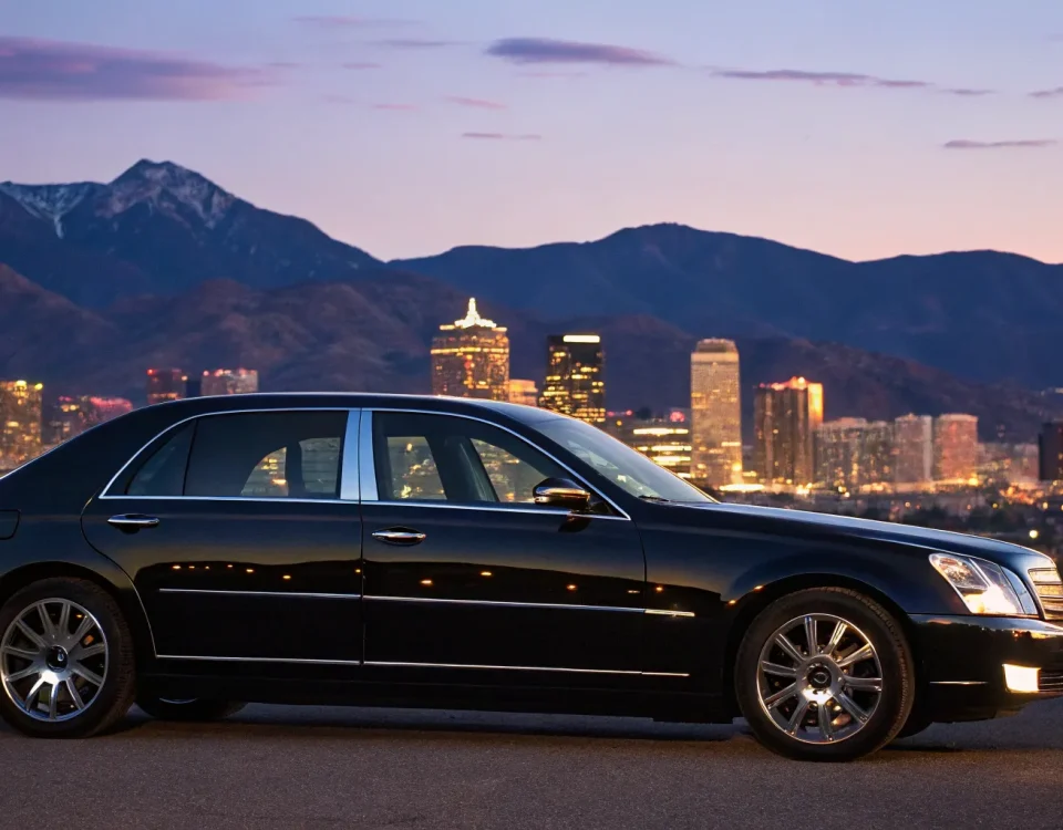 A luxury black car service in Denver, CO, with the city skyline and mountains.