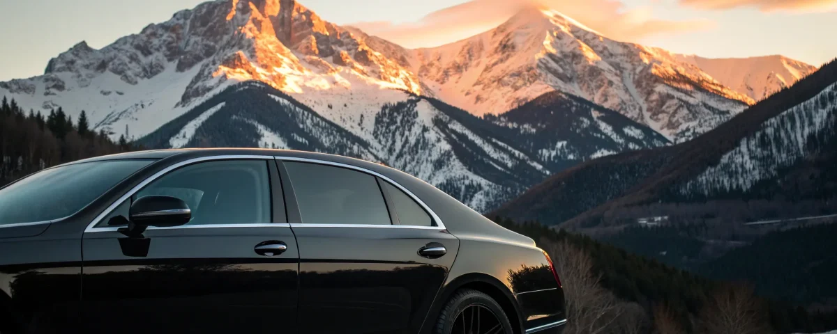 Luxury black car service in Vail with a scenic snowy mountain backdrop.