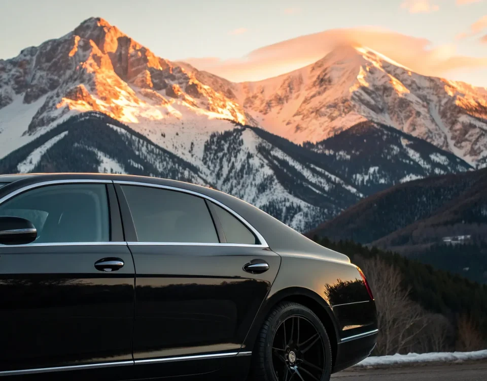 Luxury black car service in Vail with a scenic snowy mountain backdrop.