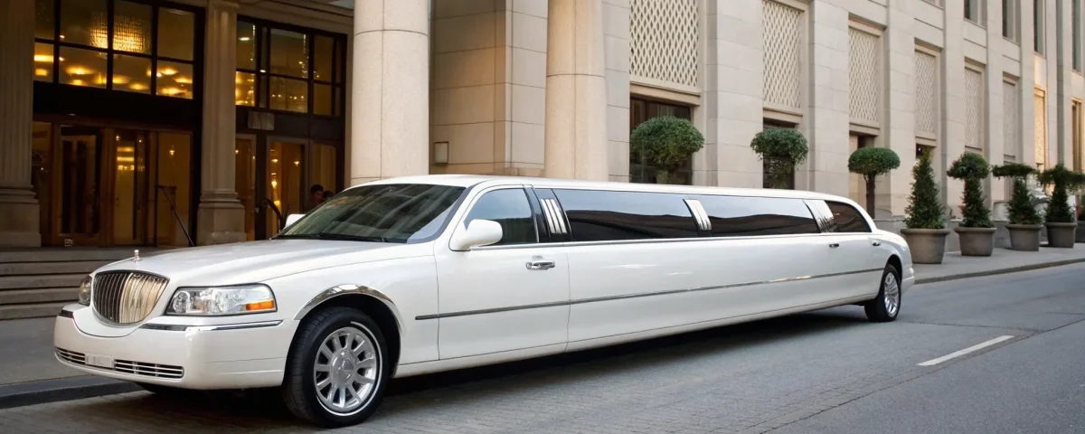 A white stretch limo, a popular option that affects the overall rental cost.