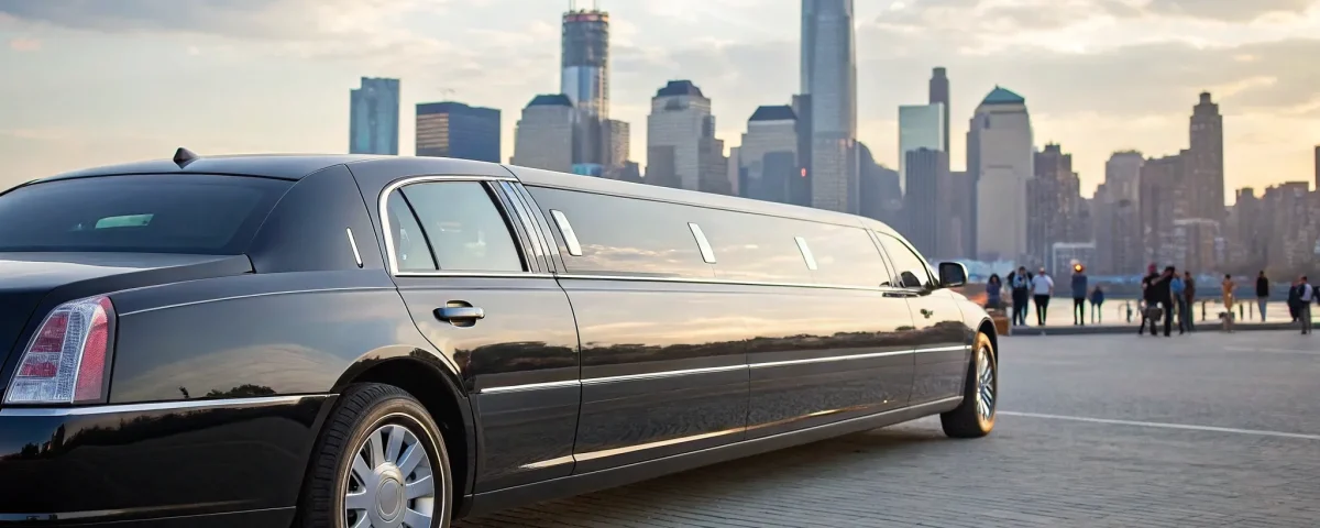 Black stretch party limo rental in Denver with the city skyline in the background.