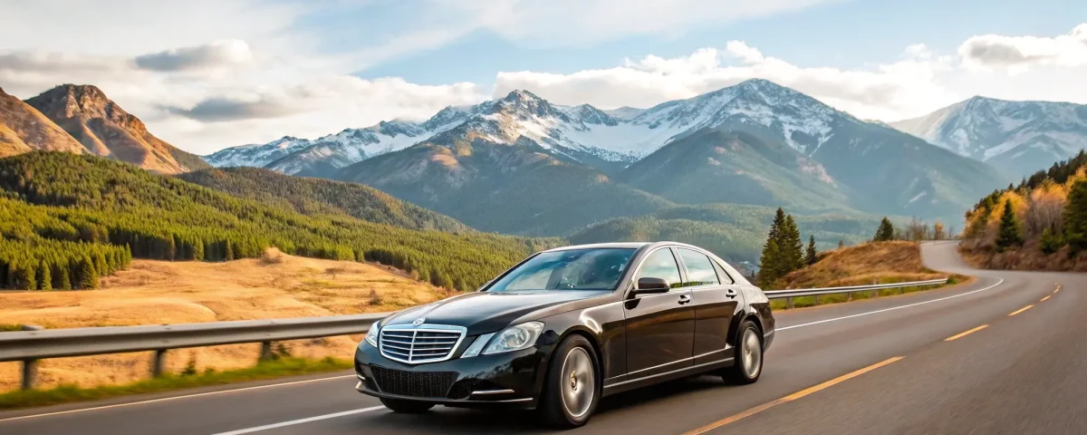 Luxury black sedan for the Denver to Vail private car service driving on a snowy mountain road.