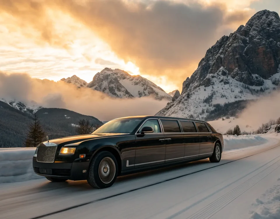 Luxury black car service driving on a scenic winter road in Winter Park.