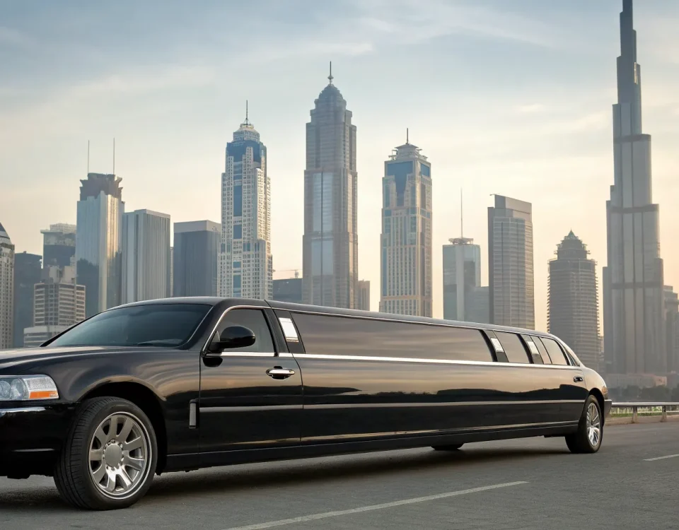 A black stretch limo on a city street, a great example of a smart limo rental deal.