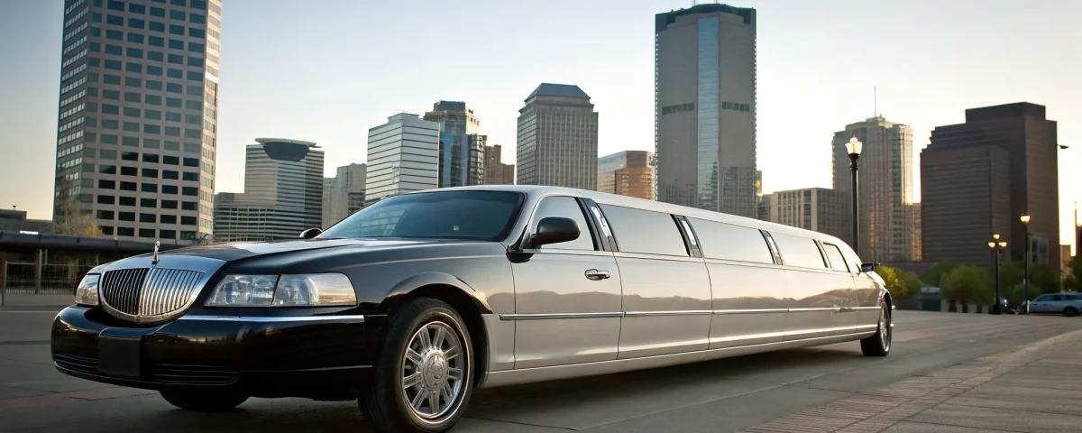 A luxury stretch limo from a Denver limo service parked downtown with the city skyline.