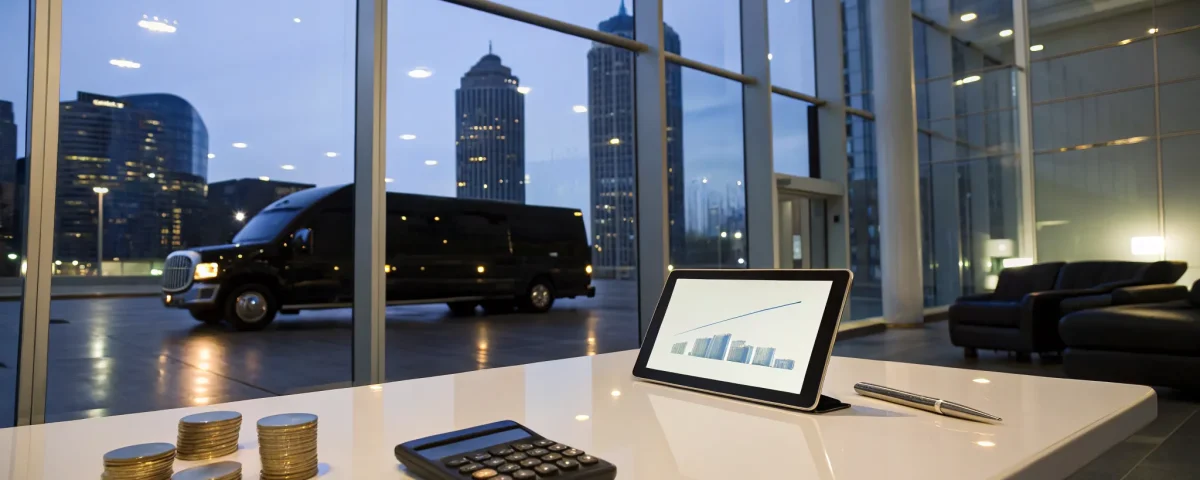 A calculator, coins, and a chart on a desk for figuring out how much a party bus costs.