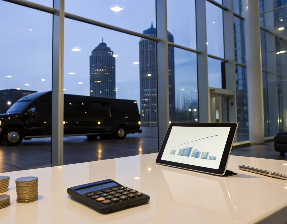 A calculator, coins, and a chart on a desk for figuring out how much a party bus costs.