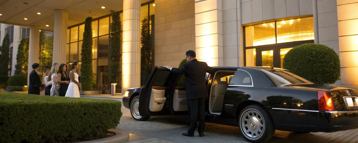 A professional chauffeur opens the door of a stretch limo for teens arriving at prom.