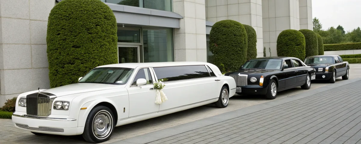 A pristine white wedding limo from a rental service near me.