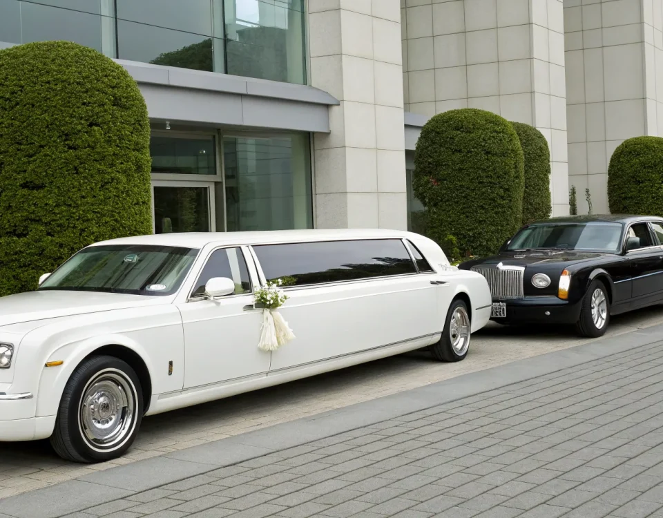 A pristine white wedding limo from a rental service near me.