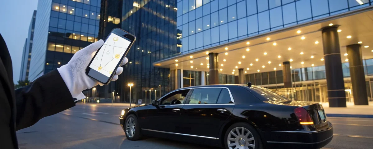 Finding a limo service near me on a smartphone with a luxury black limo in the background.