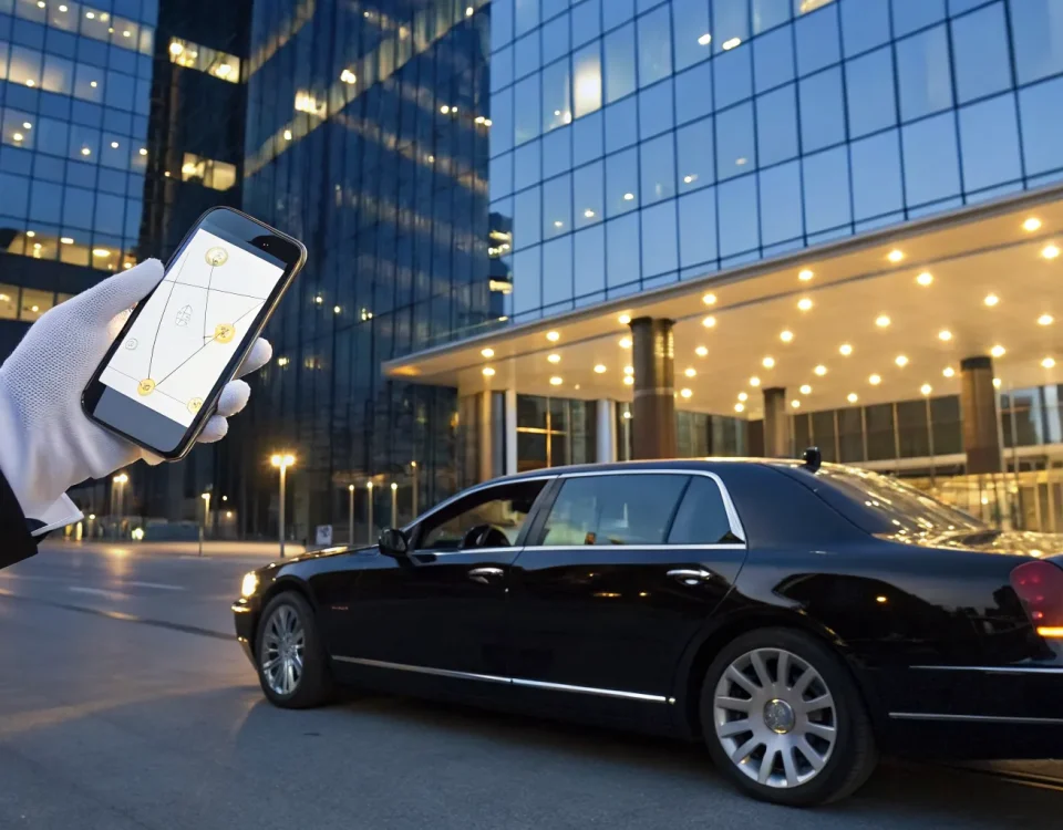 Finding a limo service near me on a smartphone with a luxury black limo in the background.