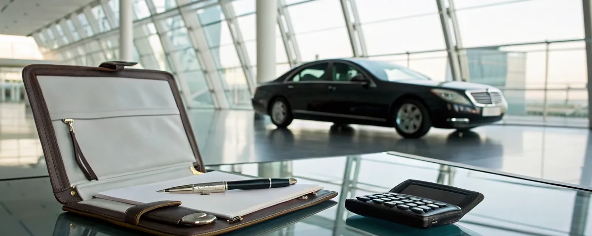 A model luxury sedan and calculator used to determine limo rental prices.