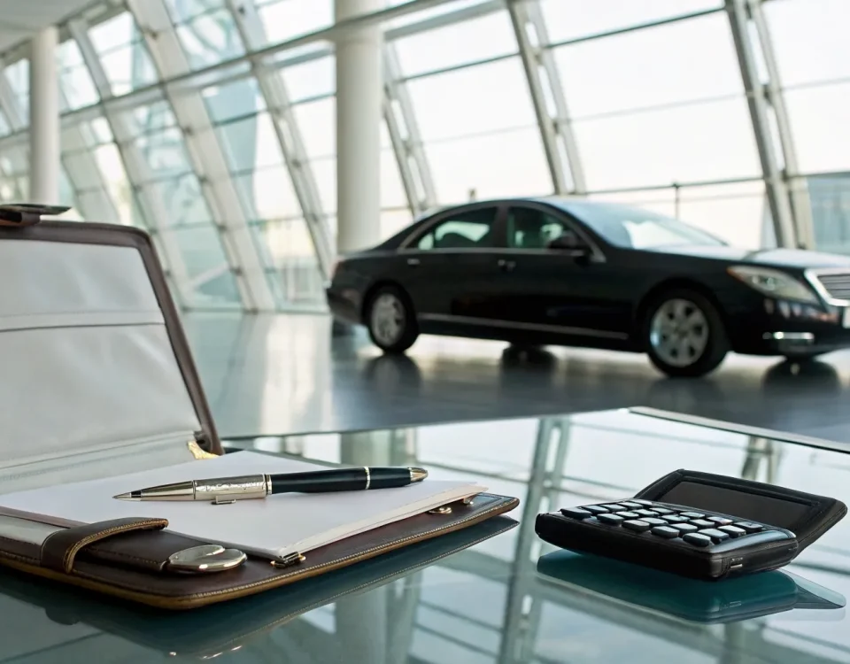 A model luxury sedan and calculator used to determine limo rental prices.