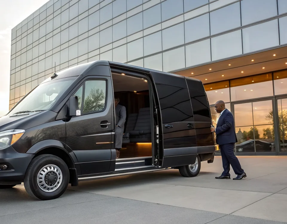 Luxury black sprinter van with a chauffeur providing professional transportation service.