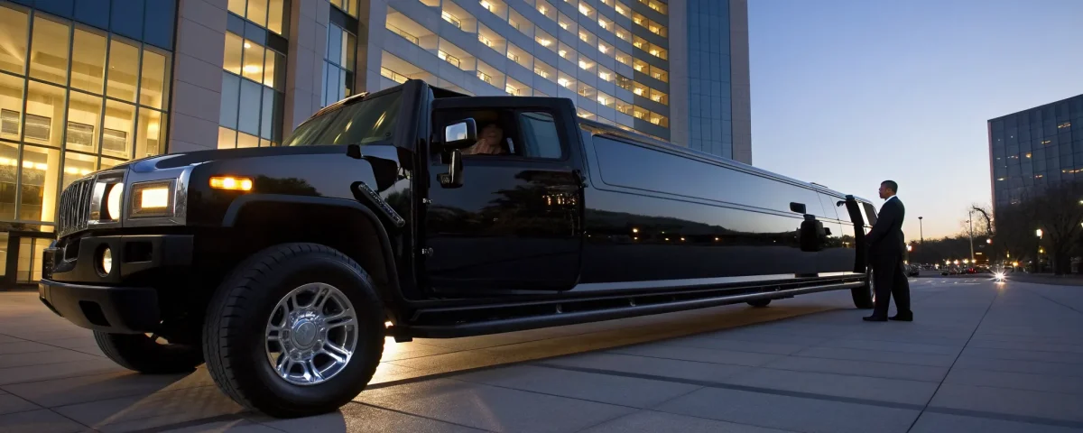 A stretch Hummer limo rental with a chauffeur opening the door for an evening event.