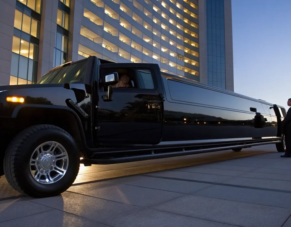 A stretch Hummer limo rental with a chauffeur opening the door for an evening event.