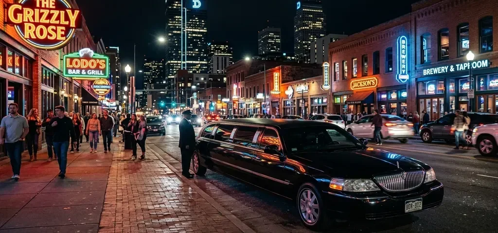 Luxury black stretch limousine cruising Denver streets at night for a group night out