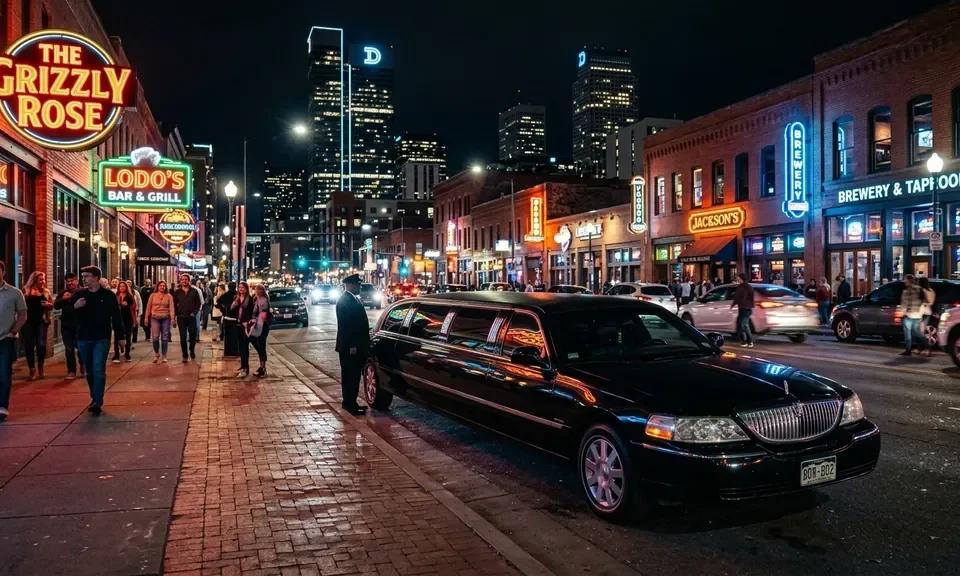 Luxury black stretch limousine cruising Denver streets at night for a group night out