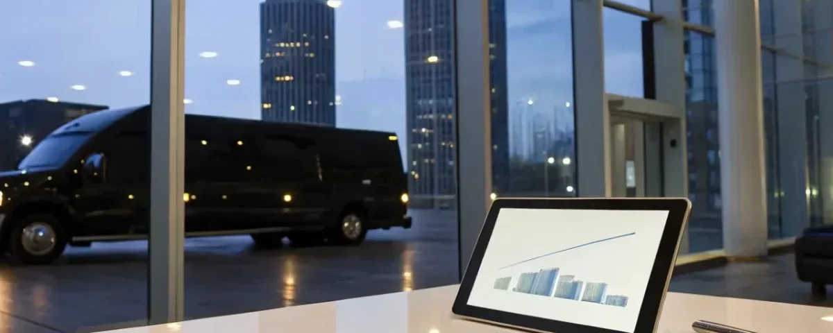 Denver prom limousine parked outside a Colorado venue at sunset