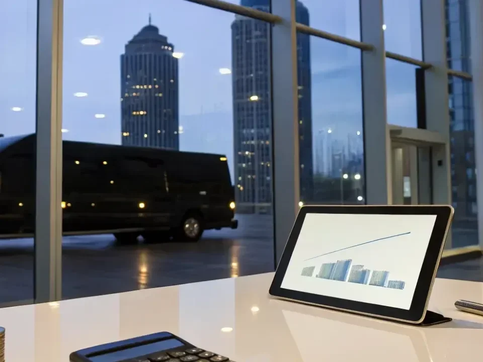 Denver prom limousine parked outside a Colorado venue at sunset