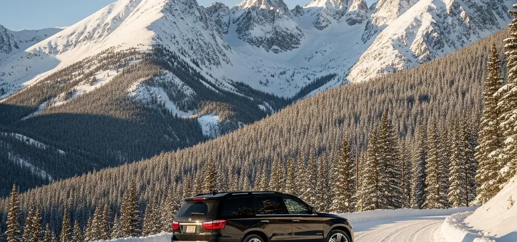 Luxury limousine on a snowy mountain road heading toward Vail Colorado ski resort
