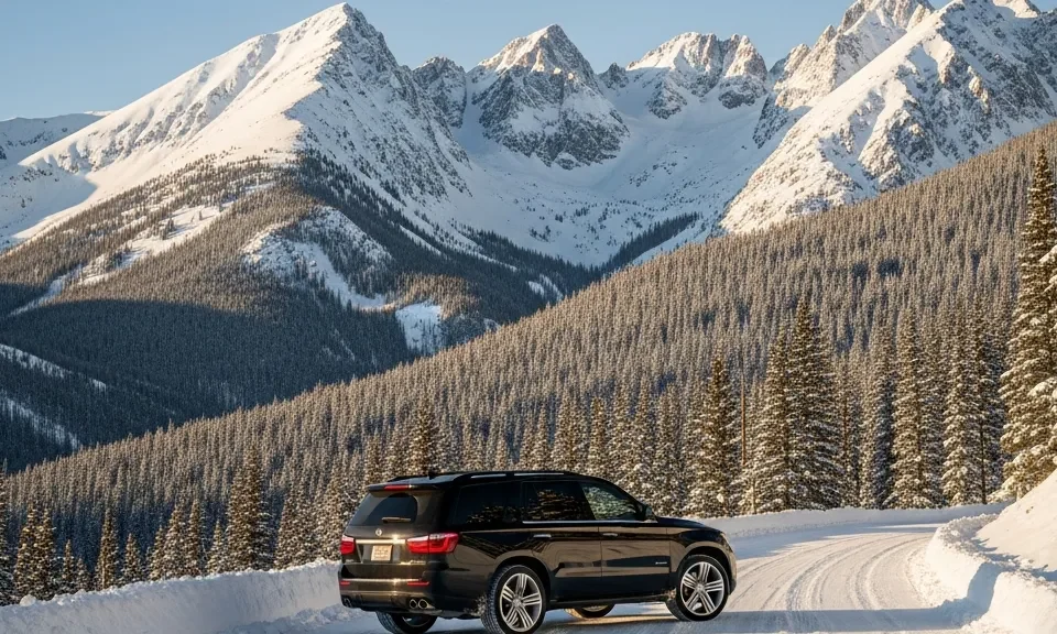 Luxury limousine on a snowy mountain road heading toward Vail Colorado ski resort