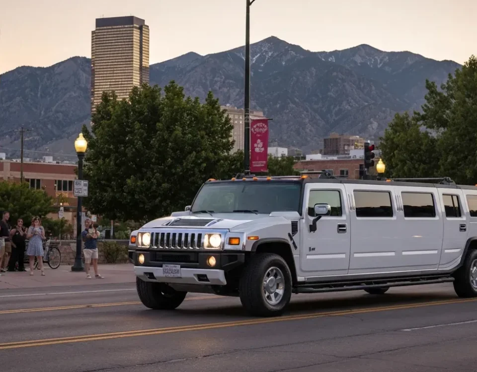 White H2 Hummer stretch limousine in Denver Colorado ready for a party