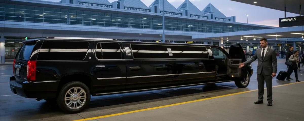 Luxury black SUV limousine parked outside Denver International Airport