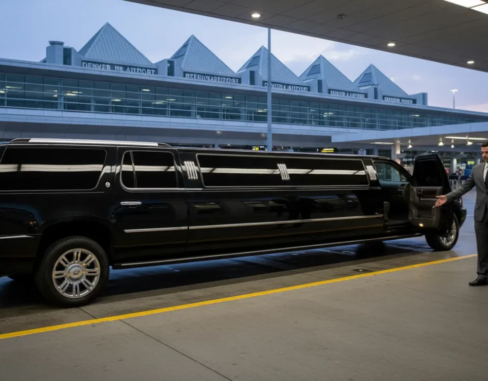 Luxury black SUV limousine parked outside Denver International Airport