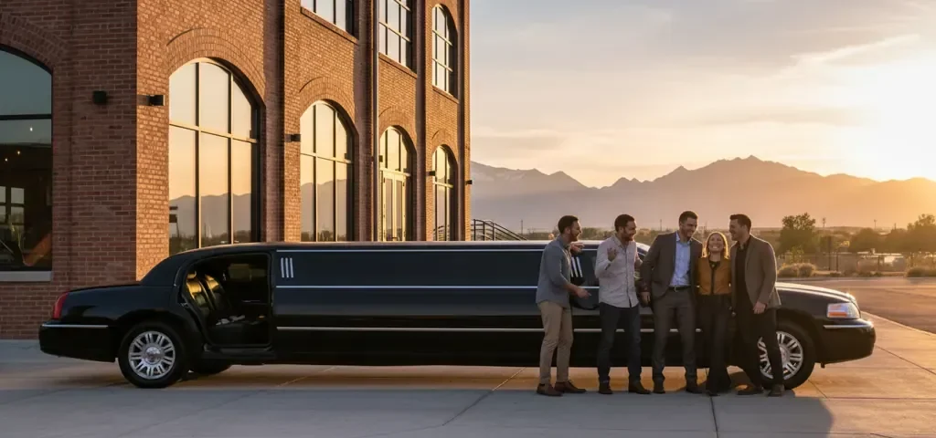 Denver brewery tour limo parked outside a craft brewery for group transportation planning