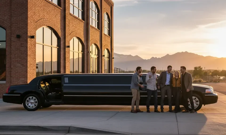Denver brewery tour limo parked outside a craft brewery for group transportation planning