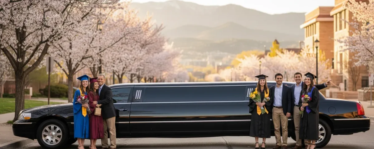 Graduates and family beside a Denver graduation limo service vehicle