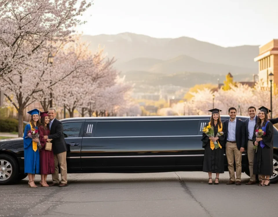 Graduates and family beside a Denver graduation limo service vehicle