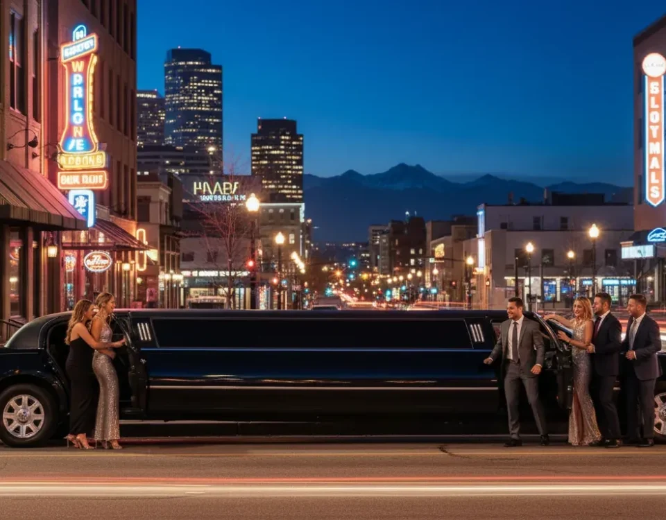 Black limousine waiting for a Denver nightlife bar crawl group
