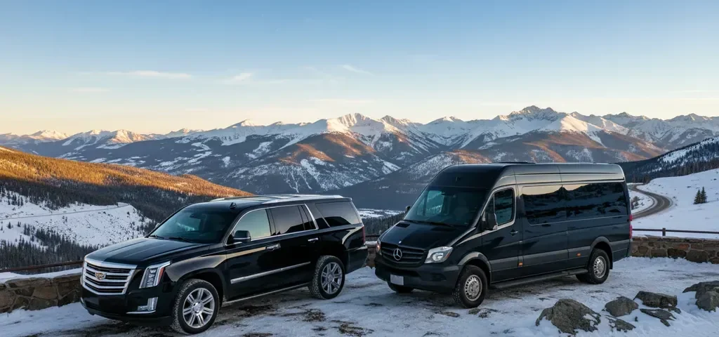 Black luxury SUV and executive van on a Denver to Breckenridge limo mountain route