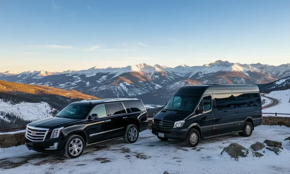 Black luxury SUV and executive van on a Denver to Breckenridge limo mountain route