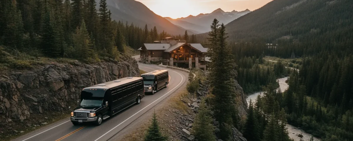 Colorado mountain wedding transportation shuttle on a scenic mountain road