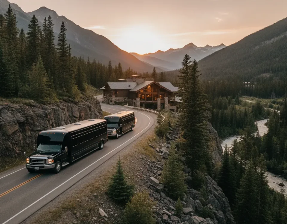 Colorado mountain wedding transportation shuttle on a scenic mountain road