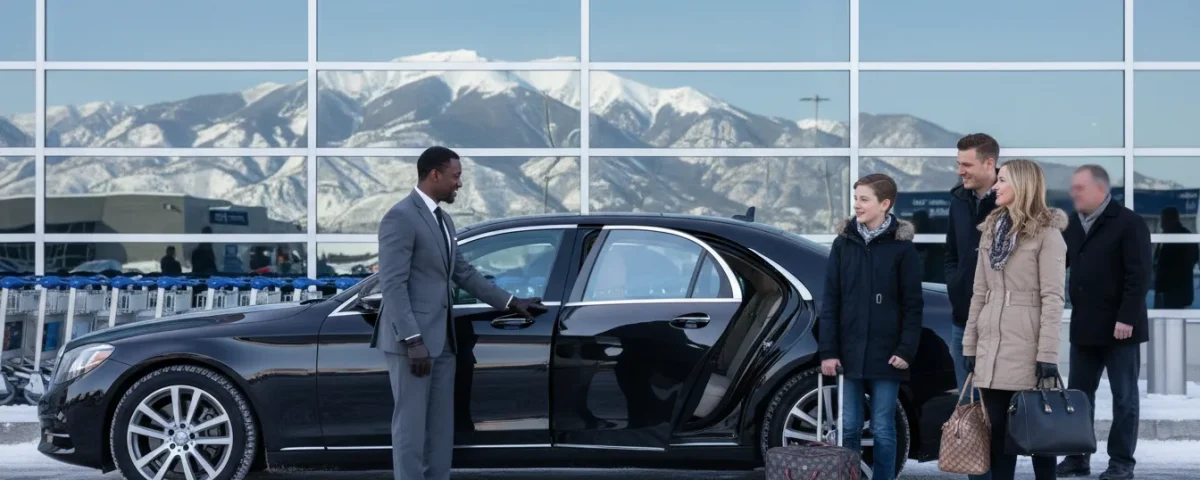 Denver airport meet and greet limo service chauffeur assisting arriving travelers with luggage