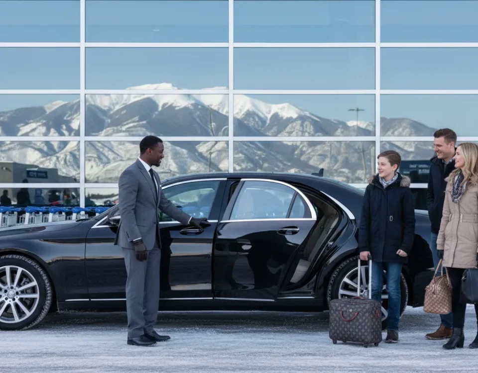 Denver airport meet and greet limo service chauffeur assisting arriving travelers with luggage