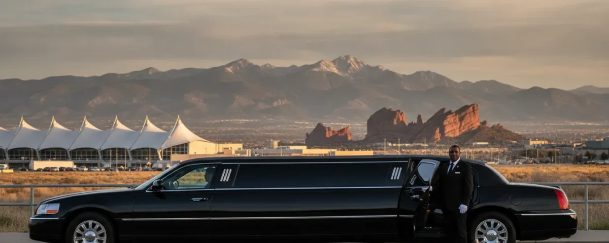 Black luxury limousine traveling from Denver Airport toward Red Rocks