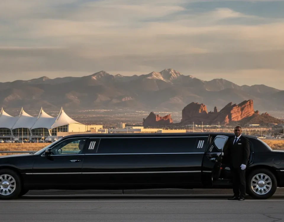 Black luxury limousine traveling from Denver Airport toward Red Rocks
