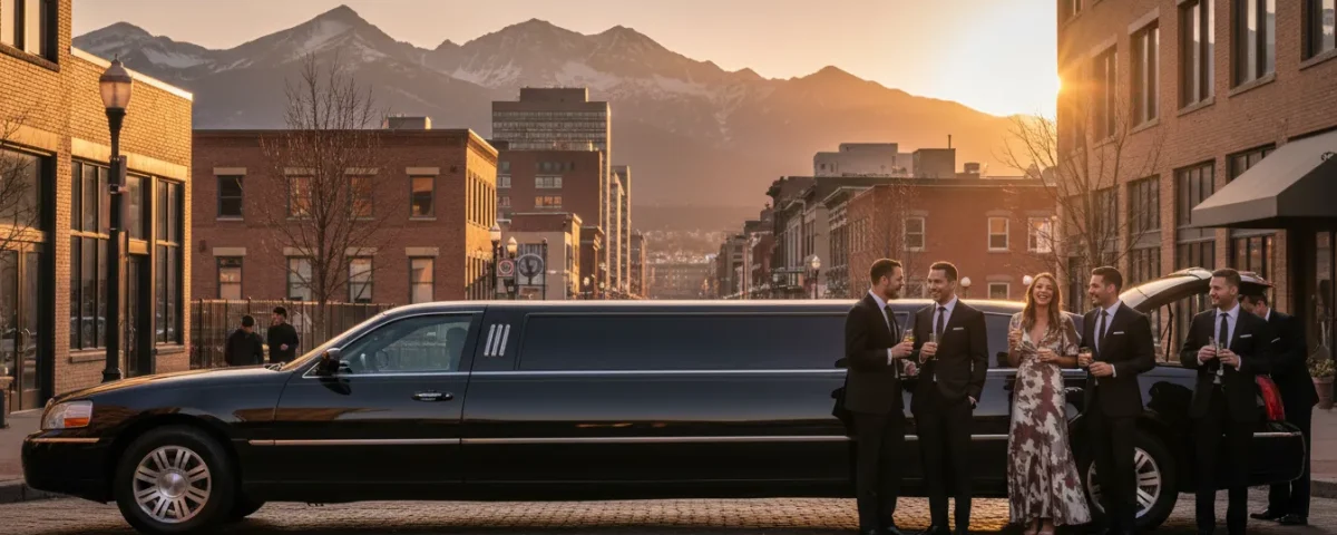 Black limousine in downtown Denver at golden hour